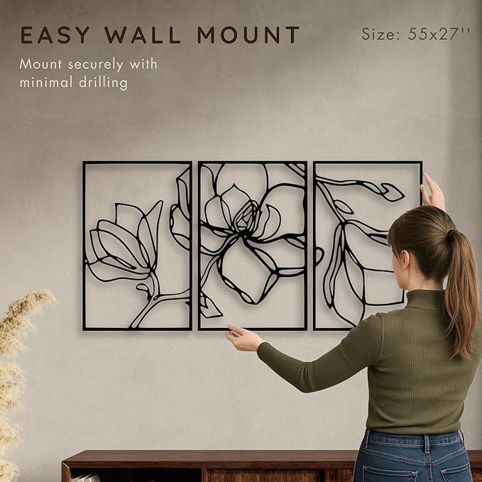 Wita Home Poppy Flower Metal Wall Art, 3-Panel Botanical Line Design, Modern Floral Wall Decor for Living Room, Bedroom, Office, Indoor & Outdoor Display (55×27 inches)