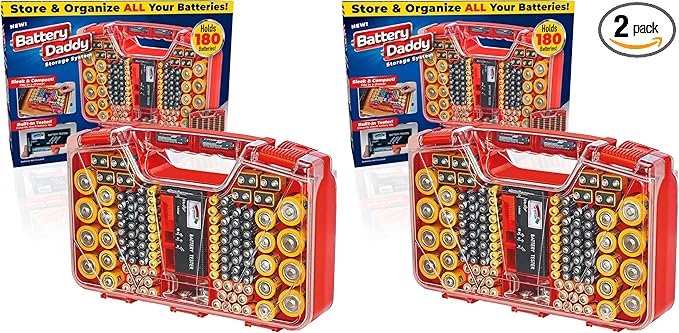 Ontel Battery Organizer with Tester | Stores 180 Batteries | Clear Locking Lid | As Seen On TV | Pack of 2