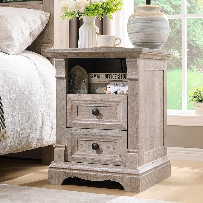 T4TREAM Farmhouse Nightstand Set of 2, 18" Side Table with Charging Station, Wood End Table w/Roman Column, Bedside Cabinet for Bedroom, Living Room, Light Rustic Oak