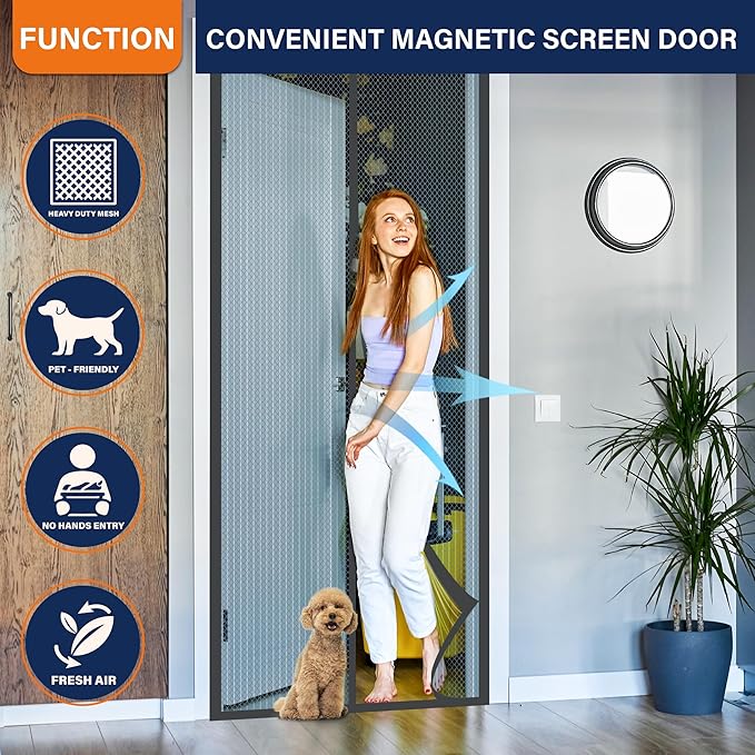 Mesh Screen with Magnetic Closure-Keeps Bugs Out Let Breeze in, Heavy Duty - Pet and Kid Friendly, Works with Front, Sliding Doors (38 x 82 Inch) Gray