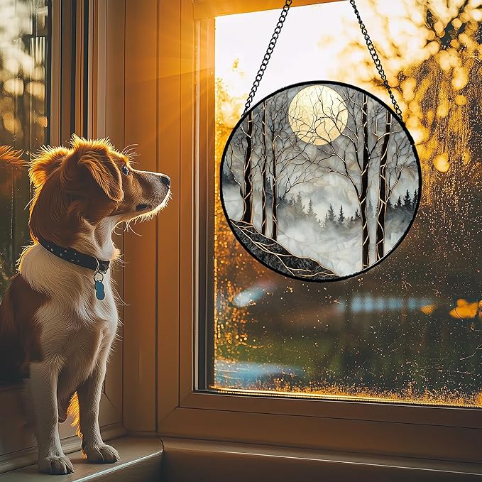 AMDERVEN Stained Glass Window Hanging - Black and White Gold Moon Forest Sun Catcher for Door Home Decor Suncatcher Christmas Mother's Day Birthday Gifts for Women Men Lovers Mom Nana 11.8 in