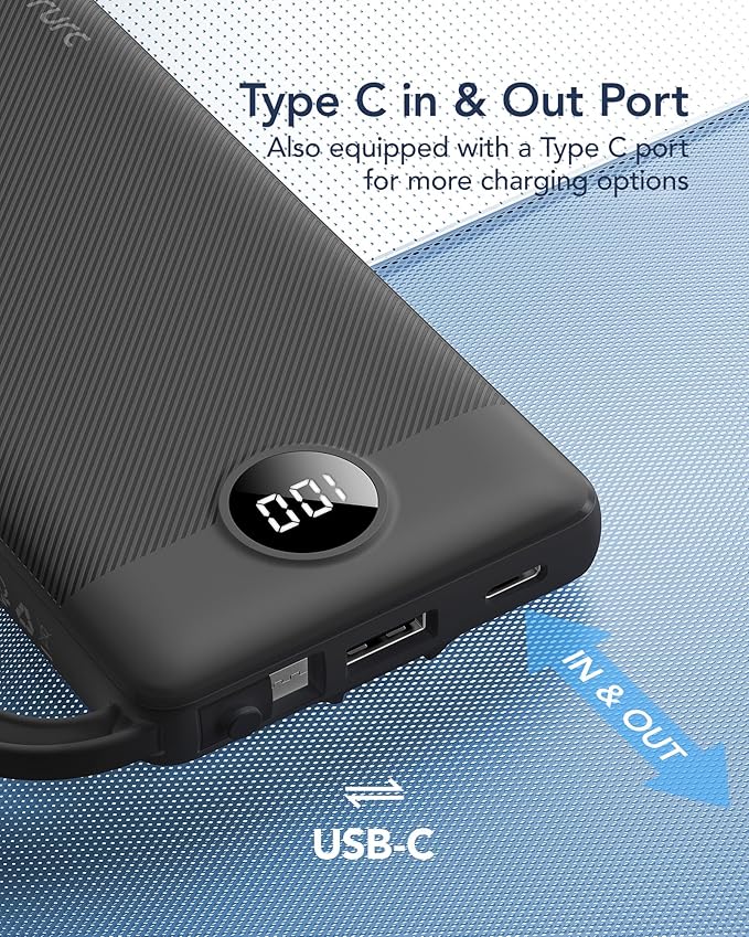 VRURC Portable Charger with Built in Cables, Slim Power Bank 10000mAh, USB C Battery Pack Travel Essential, 5 Outputs 2 Inputs Phone Charging Bank for iPhone 16 15 14 13,Samsung,Android-Black(1 Pack)