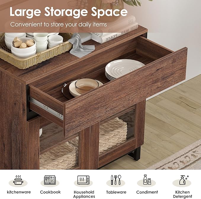 WAMPAT Modern TV Stand for TVs up to 120 inch, 4 in 1 TV Console with Glass Doors and 2 Drawers, Entertainment Center with Adjustable Shelf for Living Room, Bedroom, Brown