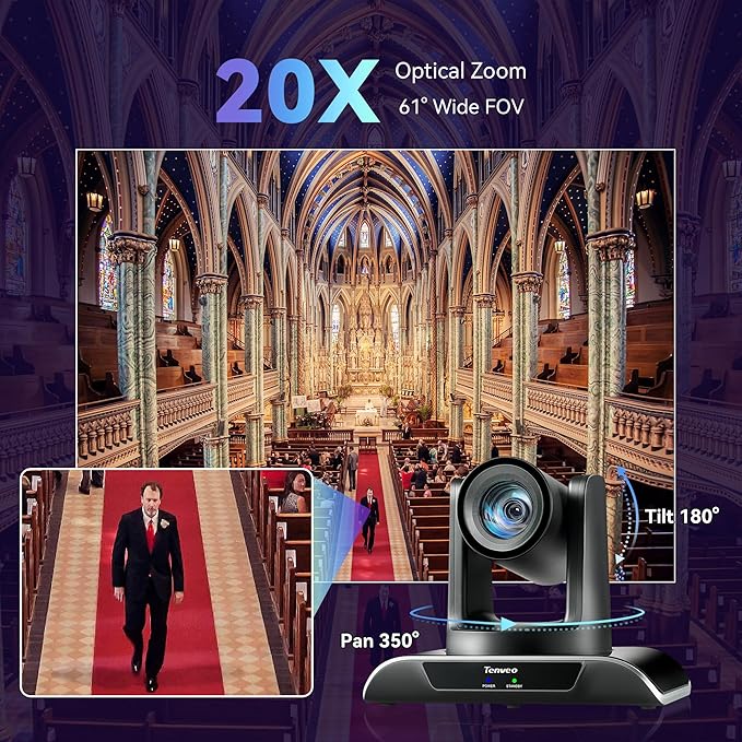 Tenveo HDMI/USB3.0/LAN(PoE) PTZ Camera AI Humanoid & Face Auto-Tracking, 20X Optical Zoom PTZ Camera IP Live Streaming, FHD 1080P 60FPS, for Church Services Worship Video Conference Live Streaming