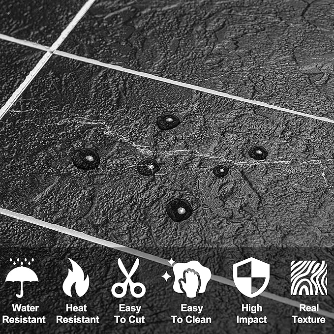 AULIGET Faux Stone Backsplash Peel and Stick PVC Tile, 3 Inch x 6 Inch Black Marble with White Grout Stick on Tiles for Backsplash, Pack of 4