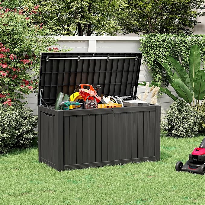 NUNU LAB 151 Gallon Outdoor Storage Box,Resin Large Sturdy Deck Box, Backyard Outside Storage Box Waterproof with Double Wall Panels,Package Delivery Garden Outdoor Hose Storage Bin,Black
